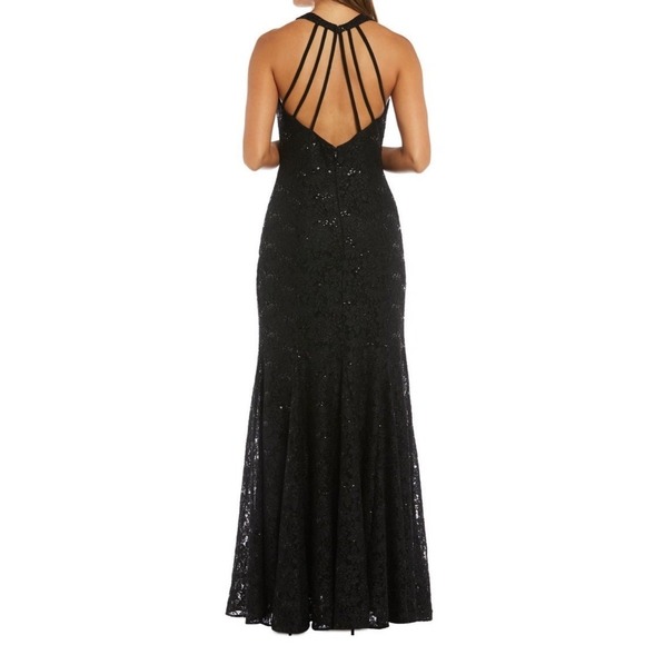 Morgan & Co Black Sequin Lace Halter Maxi Gown Strappy Back Womens 16W - Picture 2 of 12